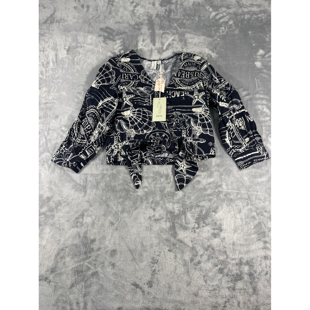 Joie Nautical Print Tie Front Wrap Top Navy White Seashell Anchor XS New